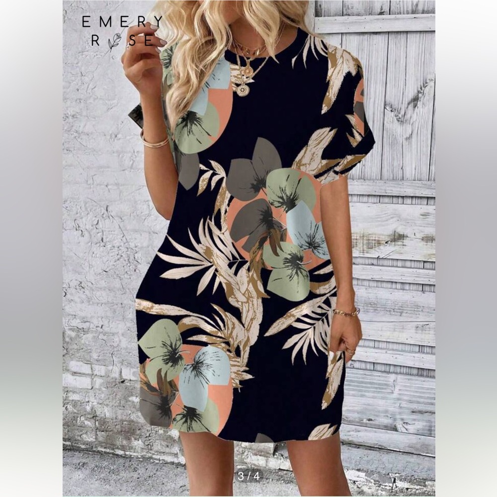 NWT EMERY ROSE Casual Minimalist Floral Print Plus Size Women Short Sleeve Dress - Picture 2 of 11